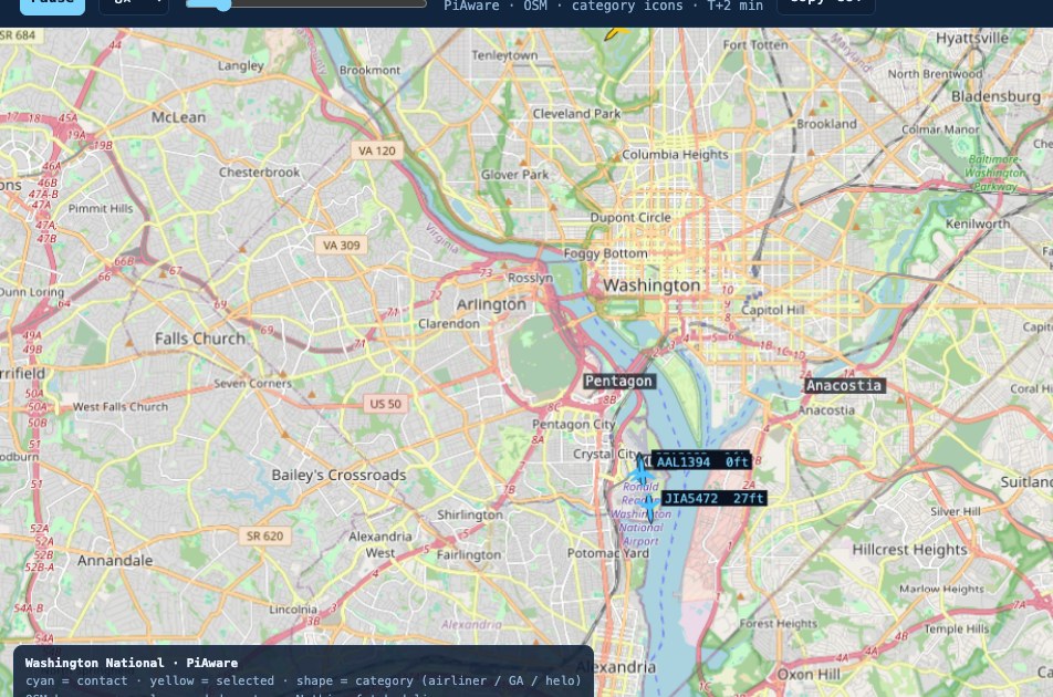 Real PiAware ADS-B over OSM around KDCA — category icons on the basemap.