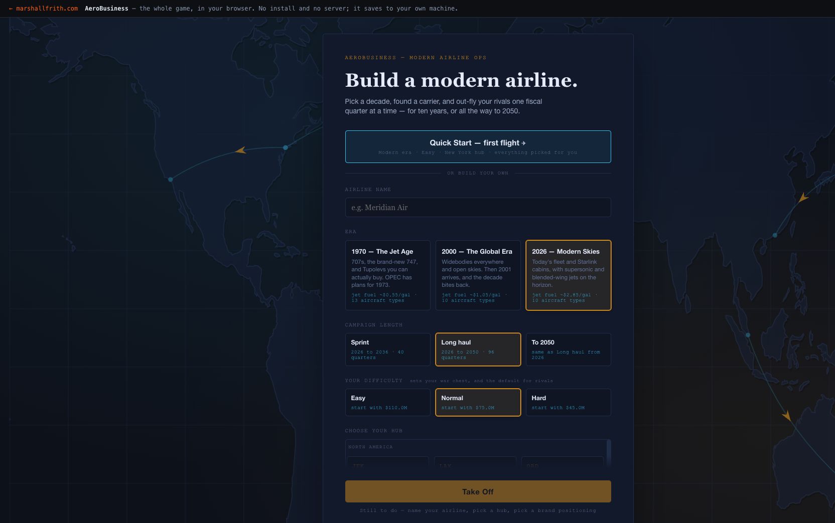 AeroBusiness on the setup screen — pick a decade, a hub and a brand, then take off.