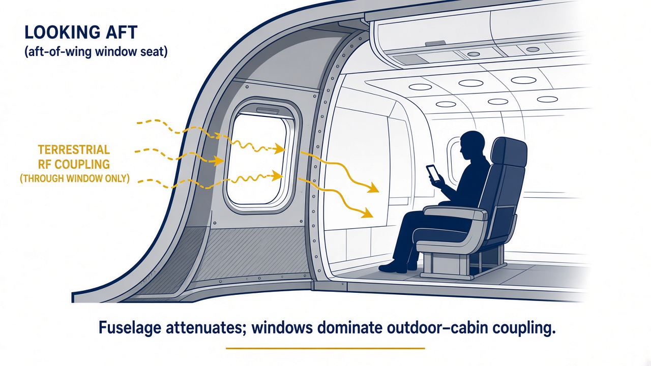 Cutaway looking aft at an aft-of-wing window seat. Dashed rays enter through the window only. The fuselage skin is drawn as the attenuating wall. A passenger holds a phone at that window.