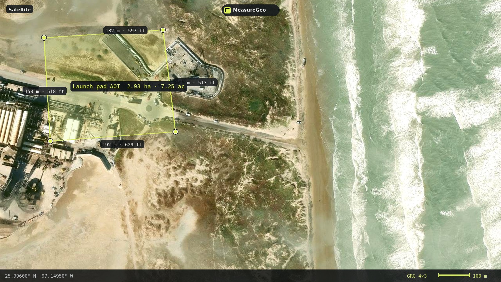 Starbase launch-pad AOI on satellite — MeasureGeo polygon with edge lengths, area, and a 4×3 GRG over the Boca Chica pad complex.