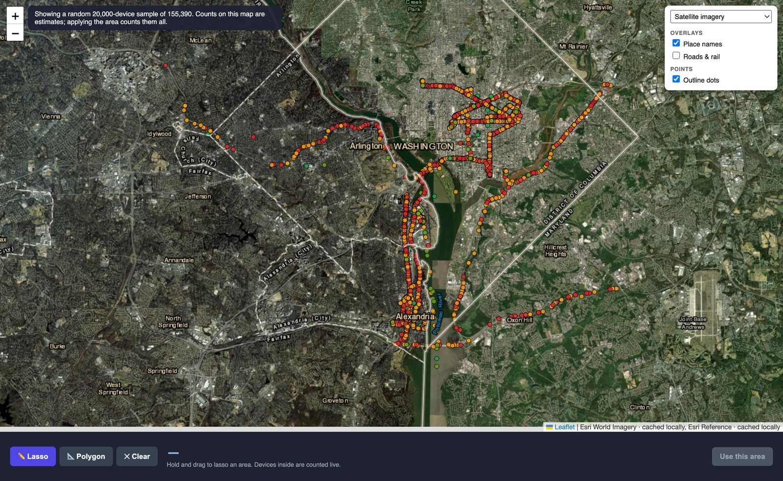 A drive through Washington DC, Arlington and Alexandria — thousands of signal-strength-coloured dots tracing the roads.