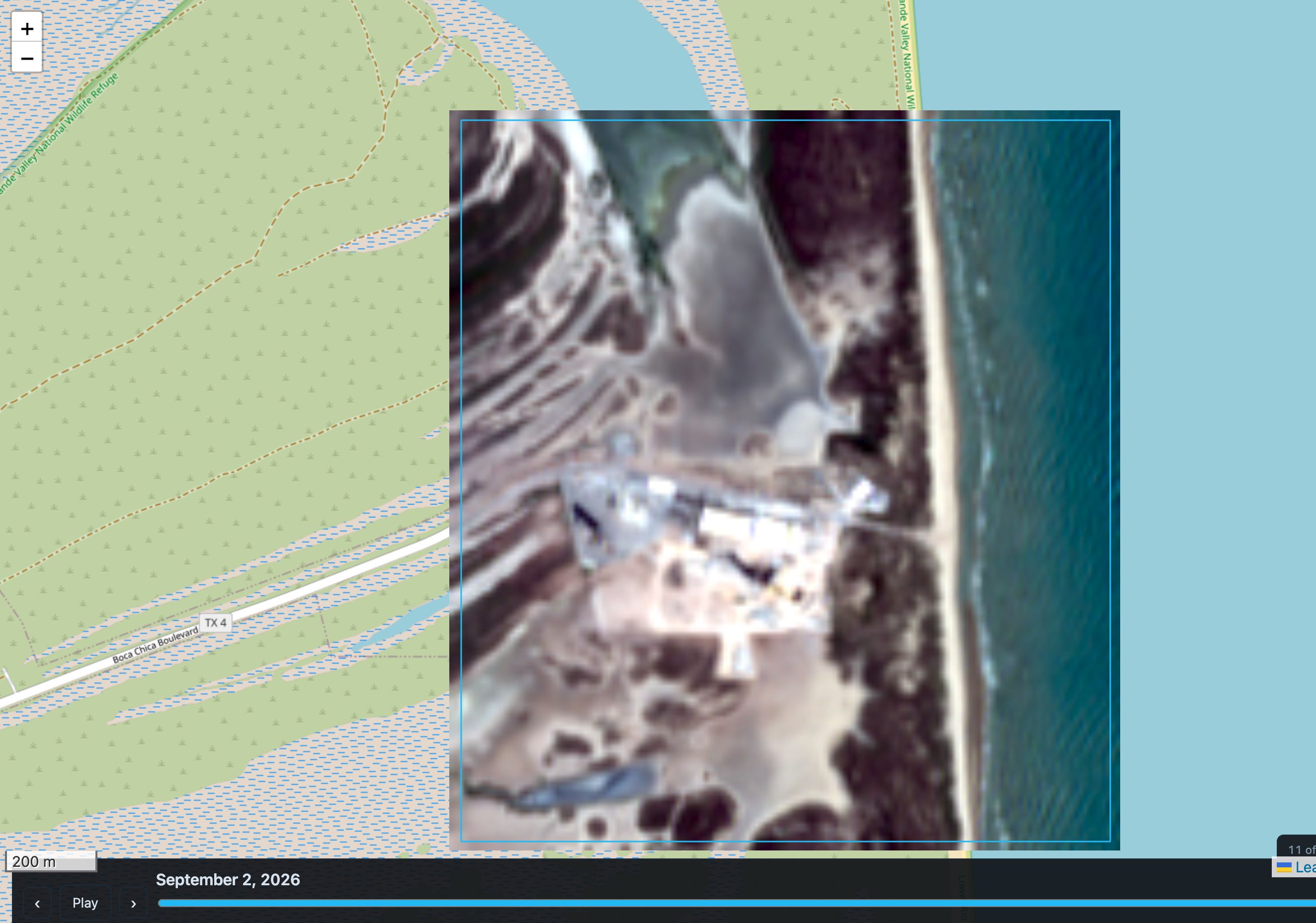 The latest clear Sentinel-2 pass over Starbase at Boca Chica, 2 September 2026 — launch tower, tank farm, and the beach.